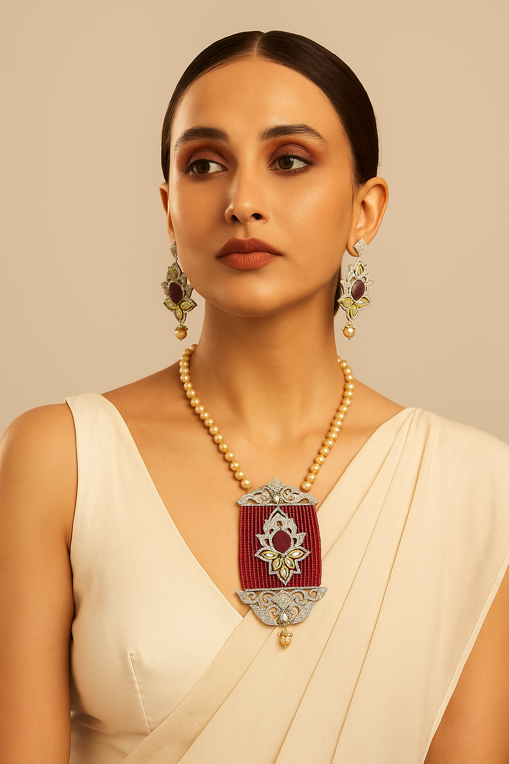 Designer Maroon Lotus Pearl Necklace Set